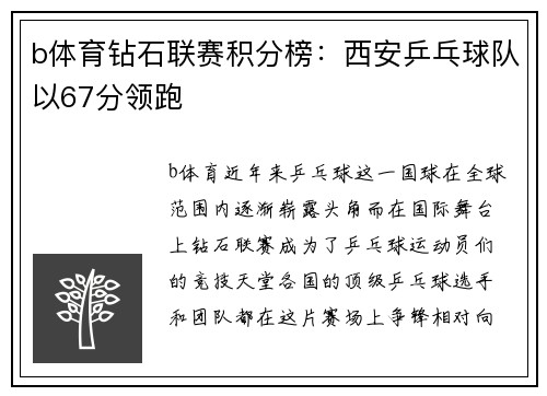 b体育钻石联赛积分榜：西安乒乓球队以67分领跑